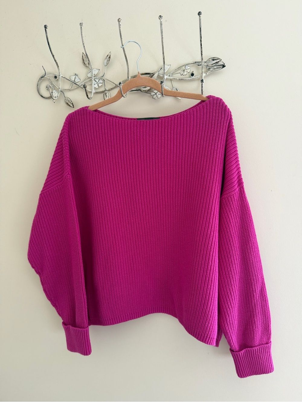 French Connection Fuchsia Off-the-Shoulder Ribbed Sweater